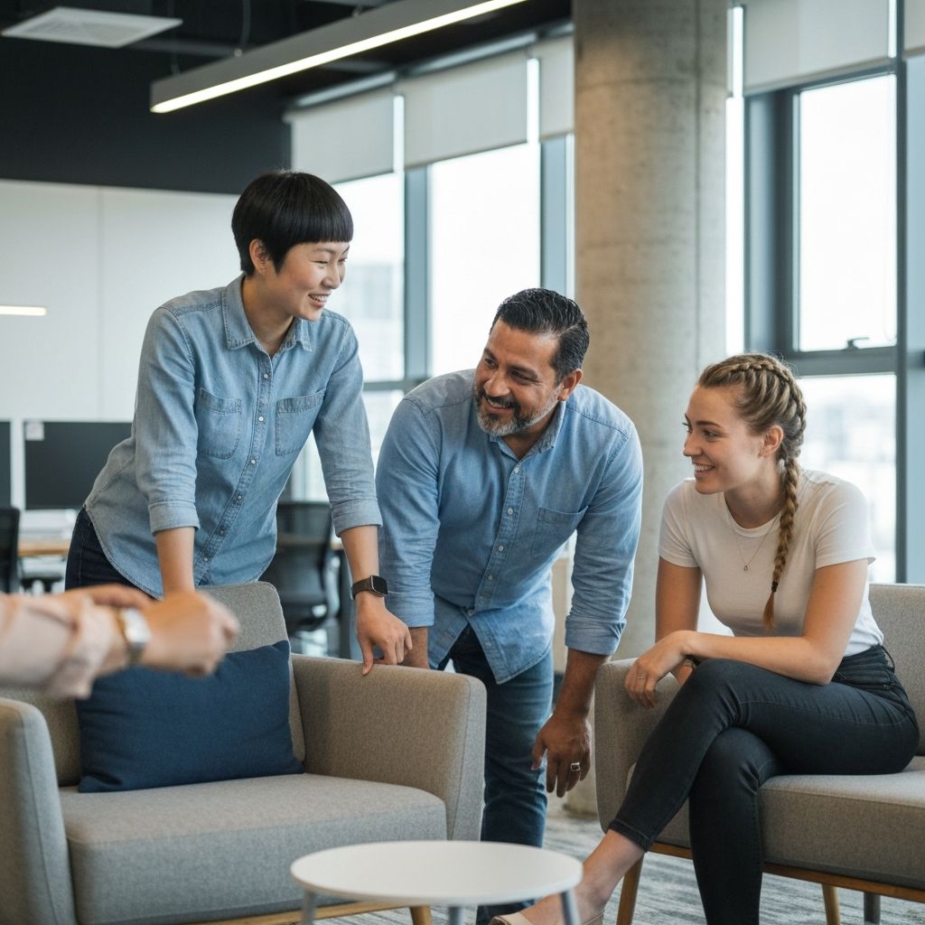 Equipo diverso trabajando en un espacio moderno y descontracturado, colaboración natural entre profesionales